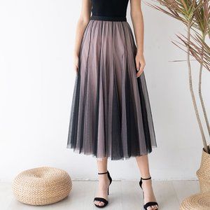 MIXTURE COLOR PANELLED TULLE MAXI SKIRT IN BLACK (S-M)